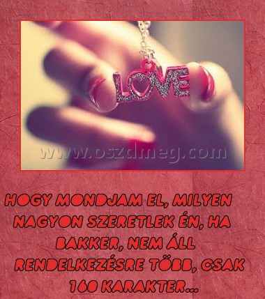 160 karakter
 
Hogy mondjam el, milyen nagyon szeretlek én, ha bakker, nem áll rendelkezésre több, csak 160 karakter...