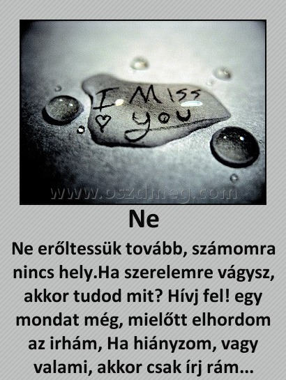 Ne Ne
Ne erőltessük tovább, számomra nincs hely.Ha szerelemre vágysz, akkor tudod mit? Hívj fel! egy mondat még, mielőtt elhordom az irhám, Ha hiányzom, vagy valami, akkor csak írj rám...
