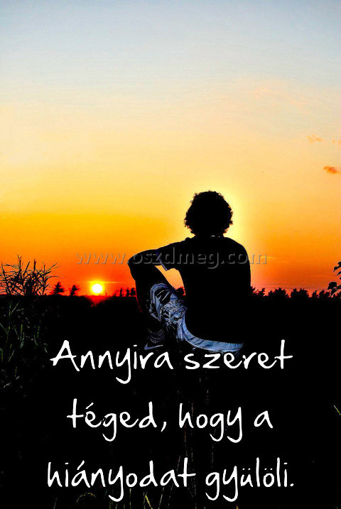 Annyira szeret téged
 
Annyira szeret téged, hogy a hiányodat gyülöli.