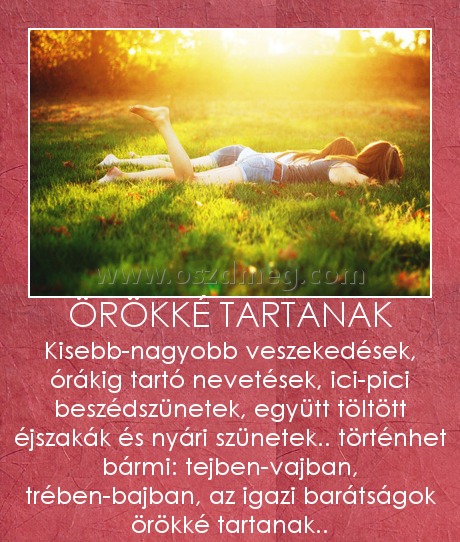ÖRÖKKÉ TARTANAK
 
Kisebb-nagyobb veszekedések, órákig tartó nevetések, ici-pici beszédszünetek, együtt töltött éjszakák és nyári szünetek.. történhet bármi: tejben-vajban, trében-bajban, az igazi barátságok örökké tartanak..