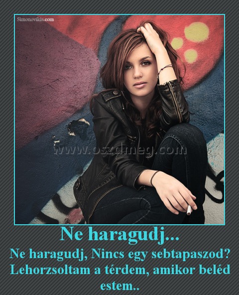 Ne haragudj...
 
Ne haragudj, Nincs egy sebtapaszod? Lehorzsoltam a térdem, amikor beléd estem..