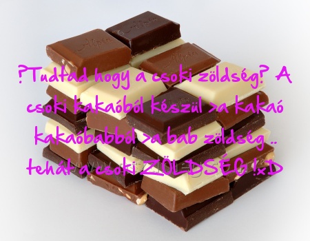 ‎Tudtad hogy a csoki
 
‎Tudtad hogy a csoki zöldség? A csoki kakaóból készül >a kakaó kakaóbabból >a bab zöldség .. tehát a csoki ZÖLDSÉG !xD