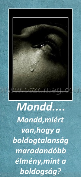 Mondd....
 
Mondd,miért van,hogy a boldogtalanság maradandóbb élmény,mint a boldogság?