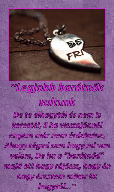 ~Legjobb barátnők voltunk
 
De te elhagytál és nem is kerestél, S ha visszajönnél engem már nem érdekelne, Ahogy téged sem hogy mi van velem, De ha a 