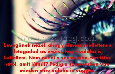 Levegőnek nézel Levegőnek nézel
Levegőnek nézel, ahogy elmész mellettem s letagadod az érzést, hogy valaha is kellettem. Nem nézel a szemembe, tán félsz attól, amit látnál? Pedig a szememben van minden mire valaha is vágytál.