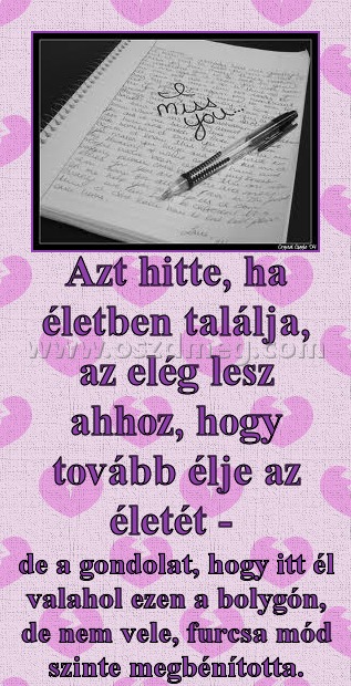 Azt hitte, ha életben találja, az elég lesz ahhoz, hogy tovább élje az életét - 
 
de a gondolat, hogy itt él valahol ezen a bolygón, de nem vele, furcsa mód szinte megbénította.