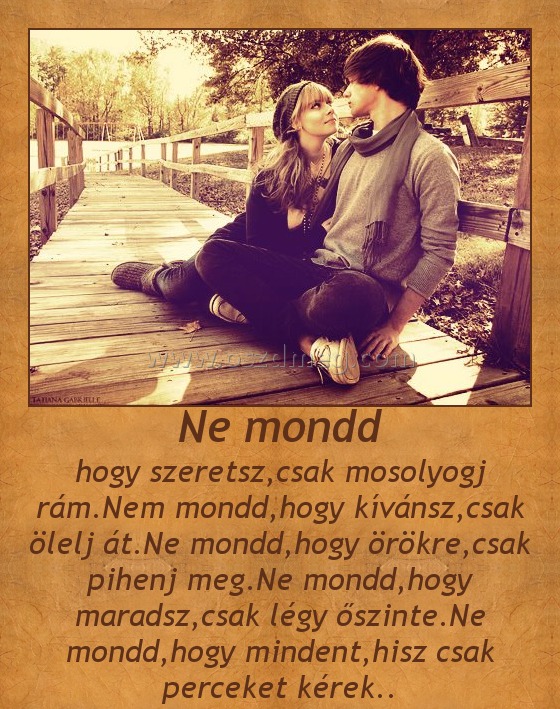 Ne mondd
 
hogy szeretsz,csak mosolyogj rám.Nem mondd,hogy kívánsz,csak ölelj át.Ne mondd,hogy örökre,csak pihenj meg.Ne mondd,hogy maradsz,csak légy őszinte.Ne mondd,hogy mindent,hisz csak perceket kérek..
