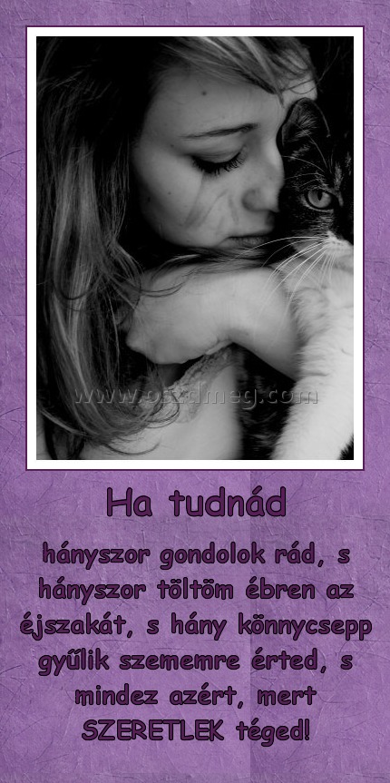 Ha tudnád
 
hányszor gondolok rád, s hányszor töltöm ébren az éjszakát, s hány könnycsepp gyűlik szememre érted, s mindez azért, mert SZERETLEK téged!