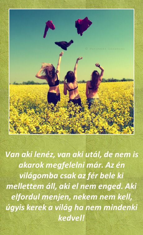 Van aki lenéz
 
Van aki lenéz, van aki utál, de nem is akarok megfelelni már. Az én világomba csak az fér bele ki mellettem áll, aki el nem enged. Aki elfordul menjen, nekem nem kell, úgyis kerek a világ ha nem mindenki kedvel!