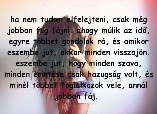 ha nem tudom elfelejteni
 
ha nem tudom elfelejteni, csak még jobban fog fájni. ahogy múlik az idő, egyre többet gondolok rá, és amikor eszembe jut, akkor minden visszajön. eszembe jut, hogy minden szava, minden érintése csak hazugság volt, és minél többet foglalkozok vele, annál jobban fáj. 