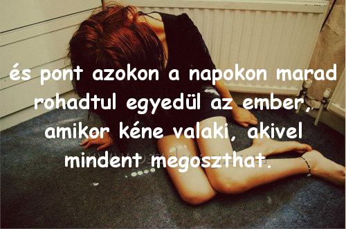 és pont azokon a
 
és pont azokon a napokon marad rohadtul egyedül az ember, amikor kéne valaki, akivel mindent megoszthat. 