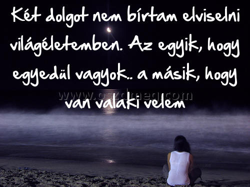 Két dolgot nem bírtam
 
Két dolgot nem bírtam elviselni világéletemben. Az egyik, hogy egyedül vagyok.. a másik, hogy van valaki velem