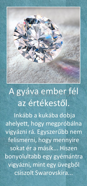 A gyáva ember fél az értékestől.
 
 Inkább a kukába dobja ahelyett, hogy megpróbálna vigyázni rá. Egyszerűbb nem felismerni, hogy mennyire sokat ér a másik... Hiszen bonyolultabb egy gyémántra vigyázni, mint egy üvegből csiszolt Swarovskira...