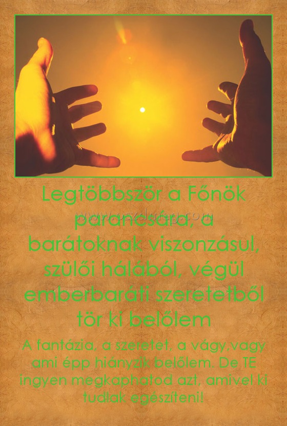 Legtöbbször a Főnök parancsára, a barátoknak viszonzásul, szülői hálából, végül emberbaráti szeretetből tör ki belőlem
 
A fantázia, a szeretet, a vágy,vagy ami épp hiányzik belőlem. De TE ingyen megkaphatod azt, amivel ki tudlak egészíteni!