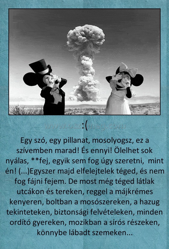 :(
 
Egy szó, egy pillanat, mosolyogsz, ez a szívemben marad! És ennyi! Ölelhet sok nyálas, **fej, egyik sem fog úgy szeretni,  mint én! (...)Egyszer majd elfelejtelek téged, és nem fog fájni fejem. De most még téged látlak utcákon és tereken, reggel a májkrémes kenyeren, boltban a mosószereken, a hazug tekinteteken, biztonsági felvételeken, minden ordító gyereken, mozikban a sírós részeken, könnybe lábadt szemeken...