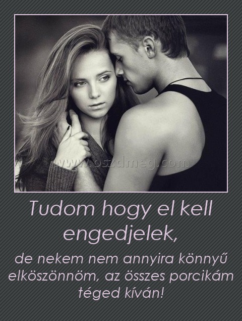 Tudom hogy el kell engedjelek,
 
de nekem nem annyira könnyű elköszönnöm, az összes porcikám téged kíván!