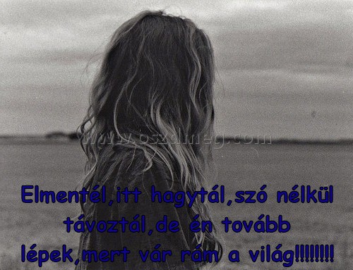 Elmentél
 
Elmentél,itt hagytál,szó nélkül távoztál,de én tovább lépek,mert vár rám a világ!!!!!!!!