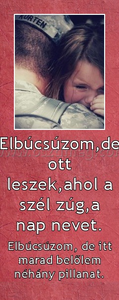 Elbúcsúzom,de ott leszek,ahol a szél zúg,a nap nevet.
 
Elbúcsúzom, de itt marad belőlem néhány pillanat.