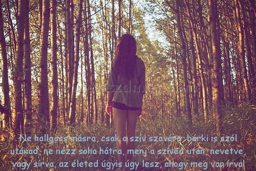 Ne hallgass másra
 
Ne hallgass másra, csak a szív szavára, bárki is szól utánad, ne nézz soha hátra, menj a szíved után, nevetve, vagy sírva, az életed úgyis úgy lesz, ahogy meg van írva!