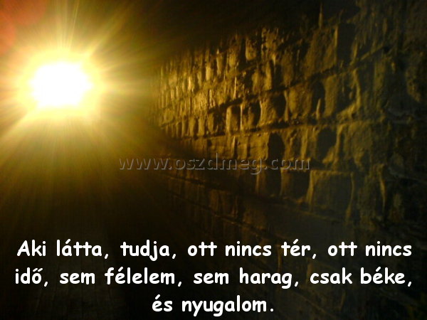 Aki látta
 
Aki látta, tudja, ott nincs tér, ott nincs idő, sem félelem, sem harag, csak béke, és nyugalom.