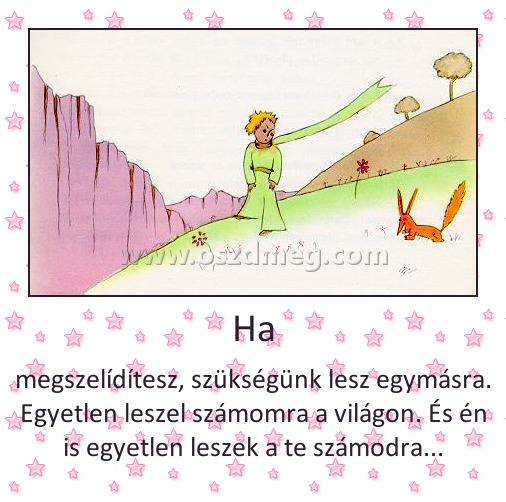 Ha
 
megszelídítesz, szükségünk lesz egymásra. Egyetlen leszel számomra a világon. És én is egyetlen leszek a te számodra...