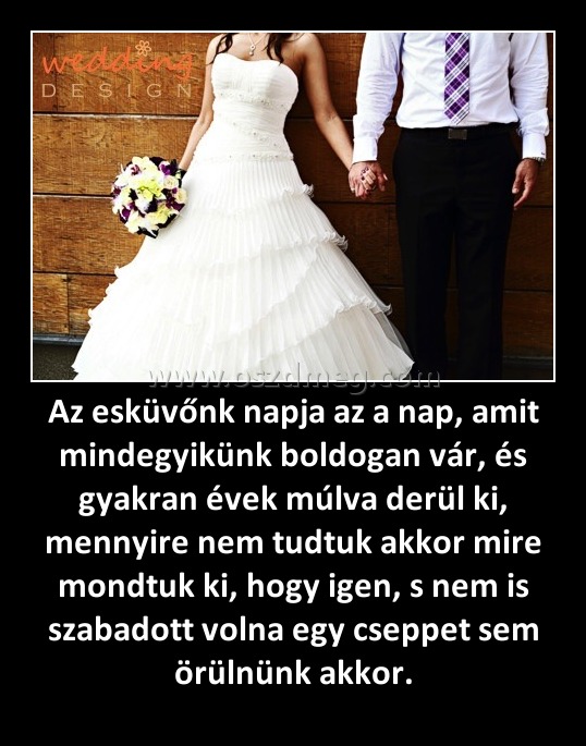 Az esküvőnk napja az a nap, amit mindegyikünk boldogan vár, és gyakran évek múlva derül ki, mennyire nem tudtuk akkor mire mondtuk ki, hogy igen, s nem is szabadott volna egy cseppet sem örülnünk akkor.
 
