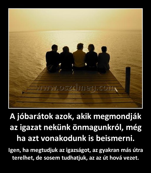 A jóbarátok azok, akik megmondják az igazat nekünk önmagunkról, még ha azt vonakodunk is beismerni.
 
Igen, ha megtudjuk az igazságot, az gyakran más útra terelhet, de sosem tudhatjuk, az az út hová vezet.