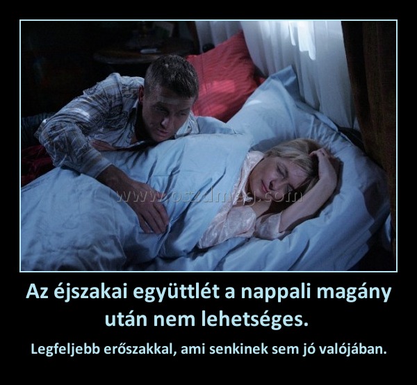 Az éjszakai együttlét a nappali magány után nem lehetséges. 
 
Legfeljebb erőszakkal, ami senkinek sem jó valójában.