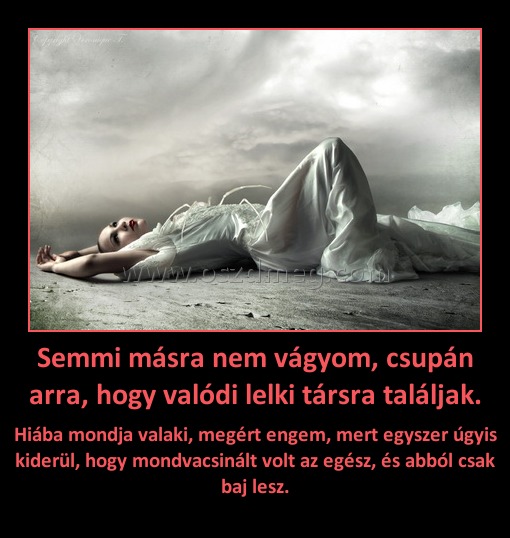 Semmi másra nem vágyom, csupán arra, hogy valódi lelki társra találjak.
 
Hiába mondja valaki, megért engem, mert egyszer úgyis kiderül, hogy mondvacsinált volt az egész, és abból csak baj lesz.