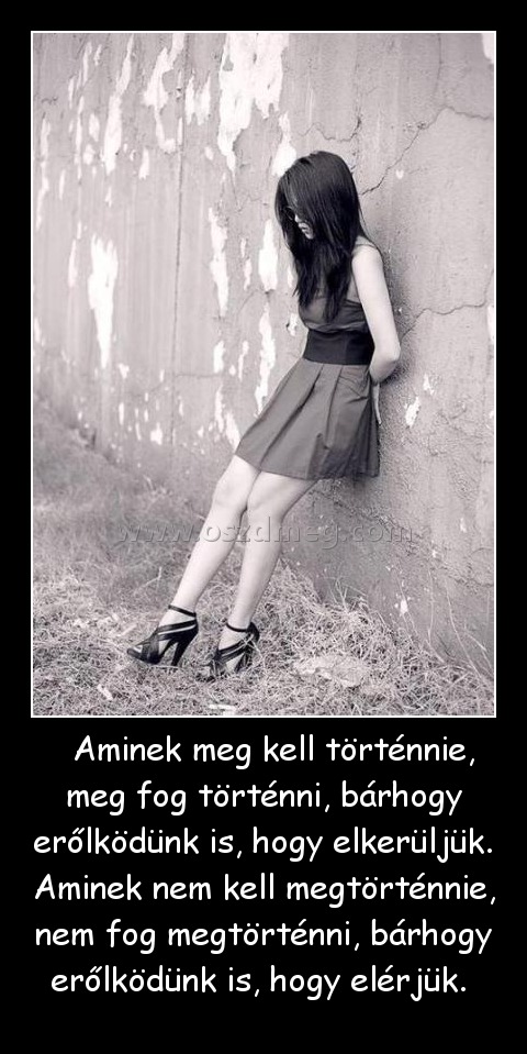   Aminek meg kell történnie, meg fog történni, bárhogy erőlködünk is, hogy elkerüljük. Aminek nem kell megtörténnie, nem fog megtörténni, bárhogy erőlködünk is, hogy elérjük. 
 
