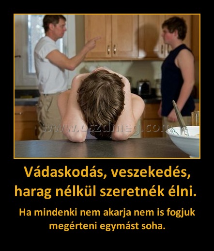 Vádaskodás, veszekedés, harag nélkül szeretnék élni. 
 
Ha mindenki nem akarja nem is fogjuk megérteni egymást soha.