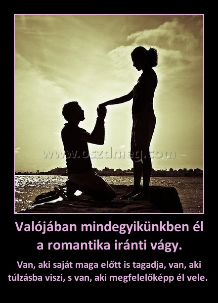Valójában mindegyikünkben él a romantika iránti vágy.
 
Van, aki saját maga előtt is tagadja, van, aki túlzásba viszi, s van, aki megfelelőképp él vele. 