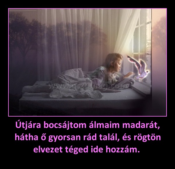 Útjára bocsájtom álmaim madarát, hátha ő gyorsan rád talál, és rögtön elvezet téged ide hozzám. 
 
