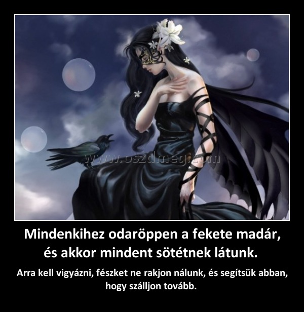 Mindenkihez odaröppen a fekete madár, és akkor mindent sötétnek látunk. 
 
Arra kell vigyázni, fészket ne rakjon nálunk, és segítsük abban, hogy szálljon tovább. 
