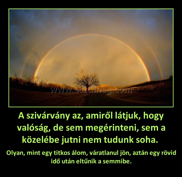 A szivárvány az, amiről látjuk, hogy valóság, de sem megérinteni, sem a közelébe jutni nem tudunk soha. 
 
Olyan, mint egy titkos álom, váratlanul jön, aztán egy rövid idő után eltűnik a semmibe.
