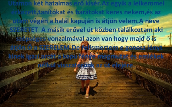 Utamon két hatalmas erő
 
Utamon két hatalmas erő kísér.Az egyik a lelkemmel érkezett,tanítókat és barátokat keres nekem,és az utam végén a halál kapuján is átjön velem.A neve SZERETET  A másik erővel út közben találkoztam aki szépséges vonzalmával azon van hogy majd ő is átjön.Ő a SZERELEM.De felismertem e gonosz lényt kinek igazi arcát a kapu fénye megmutat és emlékek nélkül visszatérünk az út elejére.