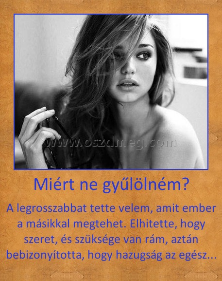 Miért ne gyűlölném?
 
A legrosszabbat tette velem, amit ember a másikkal megtehet. Elhitette, hogy szeret, és szüksége van rám, aztán bebizonyította, hogy hazugság az egész...